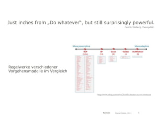 SO HOW DO SCRUM AND KANBAN RELATE TO EACH OTHER? | 9

                                     Agile methods are sometimes called lightweight methods, specifically
                                     because they are less prescriptive than traditional methods. In fact, the
                                     first tenet of the Agile Manifesto is “Individuals and Interactions over
                                     Processes and Tools”.

Just inches from „Do whatever“, more prescriptivesurprisinglyrelativelyyou more
                          Scrum is
                                    but still than Kanban. Scrum powerful.
                          Scrum and Kanban are both highly adaptive, but
                                                                         gives
                                                                               speaking
                                                                                      Henrik Kniberg, Evangelist
                                     constraints, and thereby leaves fewer options open. For example Scrum
                                     prescribes the use of timeboxed iterations, Kanban doesn’t.

                                     Let’s compare some more process tools on the prescriptive vs adaptive
                                     scale:




Regelwerke verschiedener
Vorgehensmodelle im Vergleich




                                                            http://www.infoq.com/news/2010/01/kanban-scrum-minibook
                                     RUP is pretty prescriptive – it has over 30 roles, over 20 activities, and
                                     over 70 artifacts; an overwhelming amount of stuff to learn. You aren’t
                                     really supposed to use all of that though; you are supposed to select a
                                     suitable subset for your project. Unfortunately this seems to be hard in
                                     practice. “Hmmmm... will we need Configuration audit findings artifacts?
                                     Will we need a Change control managerDaniel Haller, 2011 so we better keep
                                                                 Kanban       role? Not sure,     8
                                     them just in case.” This may be one of the reasons why RUP
 