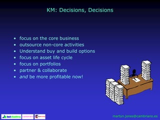 KM: Decisions, Decisions
• focus on the core business
• outsource non-core activities
• Understand buy and build options
• focus on asset life cycle
• focus on portfolios
• partner & collaborate
• and be more profitable now!
martyn.jones@cambriano.es
 