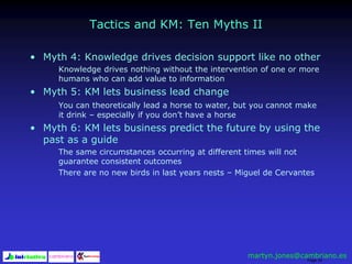 Page 34
Tactics and KM: Ten Myths II
• Myth 4: Knowledge drives decision support like no other
Knowledge drives nothing without the intervention of one or more
humans who can add value to information
• Myth 5: KM lets business lead change
You can theoretically lead a horse to water, but you cannot make
it drink – especially if you don’t have a horse
• Myth 6: KM lets business predict the future by using the
past as a guide
The same circumstances occurring at different times will not
guarantee consistent outcomes
There are no new birds in last years nests – Miguel de Cervantes
martyn.jones@cambriano.es
 