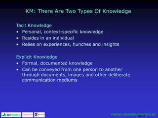 Page 40
Tacit Knowledge
• Personal, context-specific knowledge
• Resides in an individual
• Relies on experiences, hunches and insights
Explicit Knowledge
• Formal, documented knowledge
• Can be conveyed from one person to another
through documents, images and other deliberate
communication mediums
KM: There Are Two Types Of Knowledge
martyn.jones@cambriano.es
 