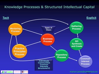 Page 47
Knowledge Processes & Structured Intellectual Capital
Tacit Explicit
Practice
Principles
Process
Gathering
Process
SIC
Synthesis
and Create
Repository
Process
Business
Process
Individuals
Communities
Common
Interests
Structured IC
Types of
Vision
Common
Interest
Process
Mentoring
Process
martyn.jones@cambriano.es
 
