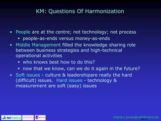 Page 52
KM: Questions Of Harmonization
• People are at the centre; not technology; not process
 people-as-ends versus money-as-ends
• Middle Management filled the knowledge sharing role
between business strategies and high-technical
operational activities
 who knows best how to do this?
 now that we know, can we do it again in the future?
• Soft issues - culture & leadershipare really the hard
(difficult) issues. Hard issues - technology &
measurement are soft (easy) issues
martyn.jones@cambriano.es
 