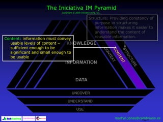 Page 75
UNCOVER
UNDERSTAND
USE
KNOWLEDGE
INFORMATION
DATA
The Iniciativa IM Pyramid
Copyright © 2000 Iniciativa Org, S.L.
Structure: Providing constancy of
purpose in structuring
information makes it easier to
understand the content of
reusable information.Content: information must convey
usable levels of content –
sufficient enough to be
significant and small enough to
be usable
martyn.jones@cambriano.es
 