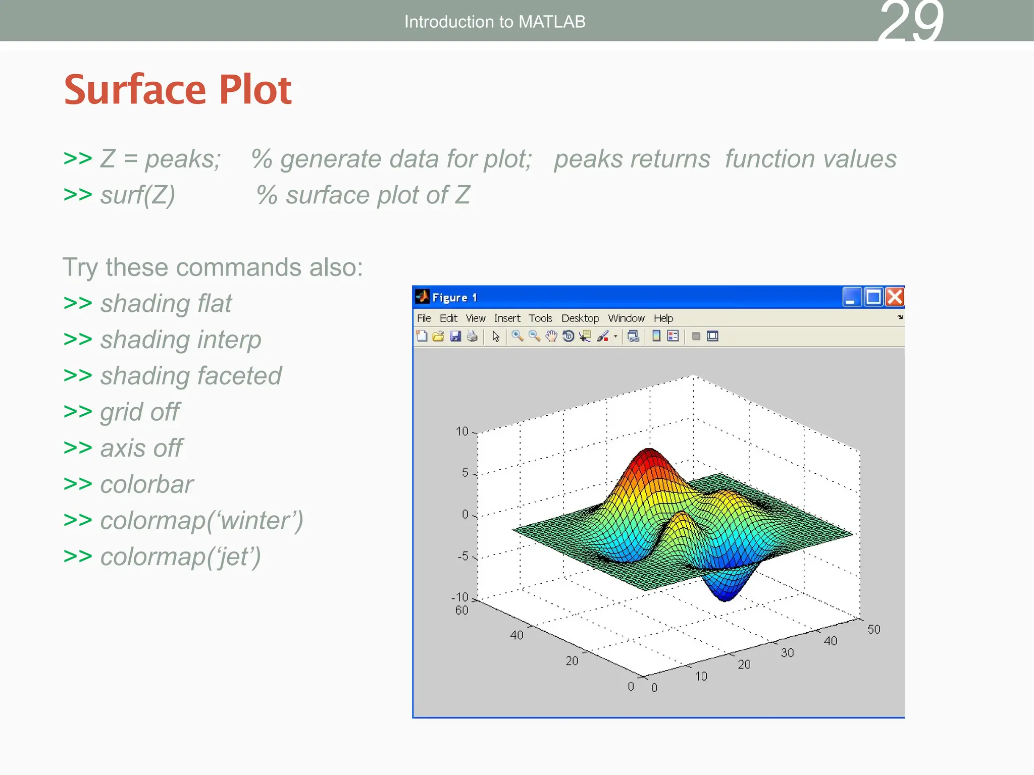 >> Z = peaks; % generate data for plot; peaks returns function values
>> surf(Z) % surface plot of Z
Try these commands also:
>> shading flat
>> shading interp
>> shading faceted
>> grid off
>> axis off
>> colorbar
>> colormap(‘winter’)
>> colormap(‘jet’)
Surface Plot
Introduction to MATLAB
29
 