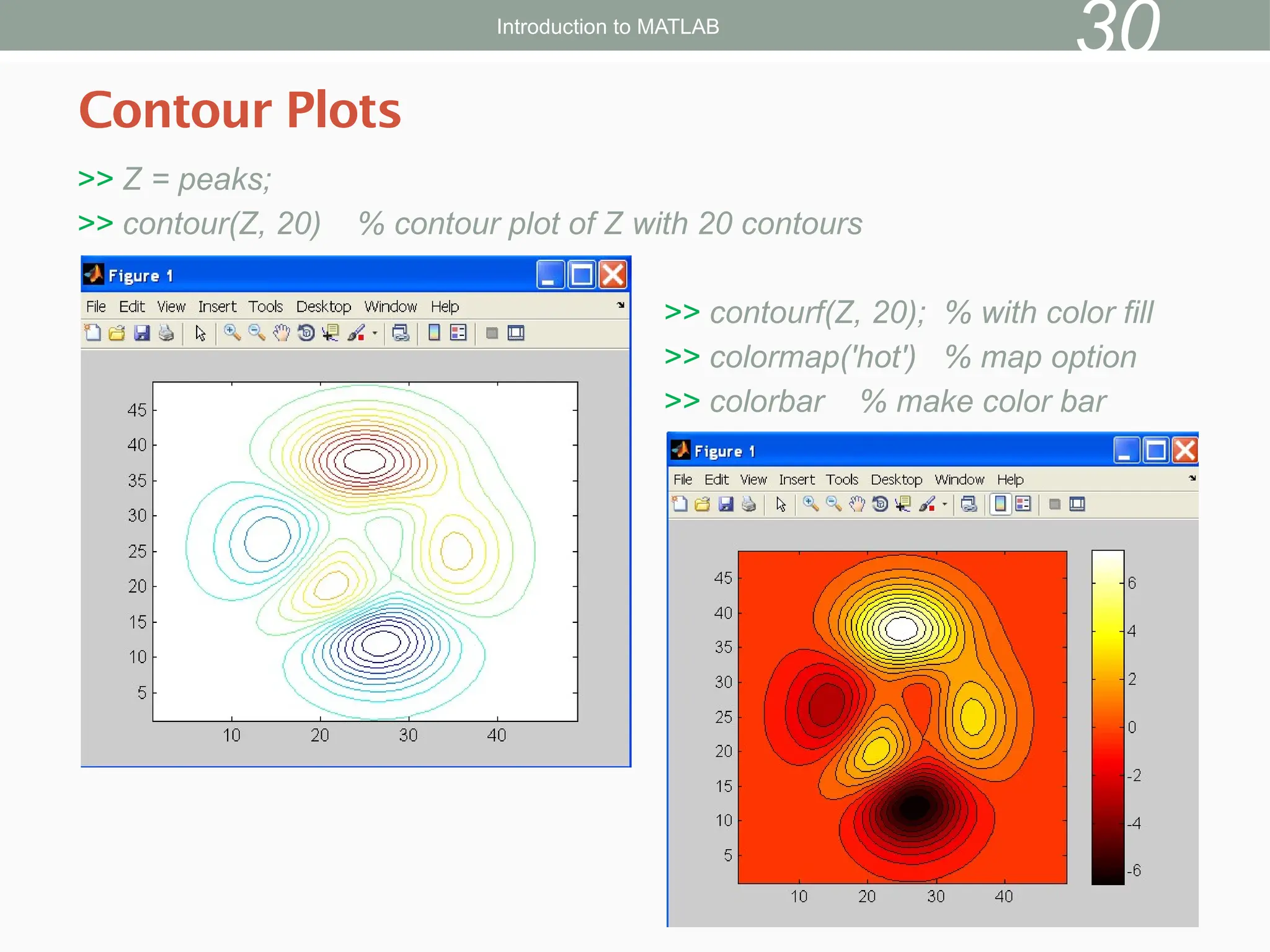 >> Z = peaks;
>> contour(Z, 20) % contour plot of Z with 20 contours
>> contourf(Z, 20); % with color fill
>> colormap('hot') % map option
>> colorbar % make color bar
Contour Plots
Introduction to MATLAB
30
 
