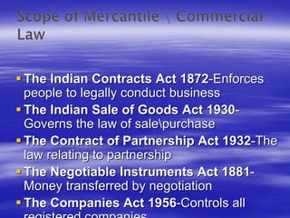 The Indian Contracts Act 1872-Enforces
people to legally conduct business
The Indian Sale of Goods Act 1930-
Governs the law of salepurchase
The Contract of Partnership Act 1932-The
law relating to partnership
The Negotiable Instruments Act 1881-
Money transferred by negotiation
The Companies Act 1956-Controls all
 