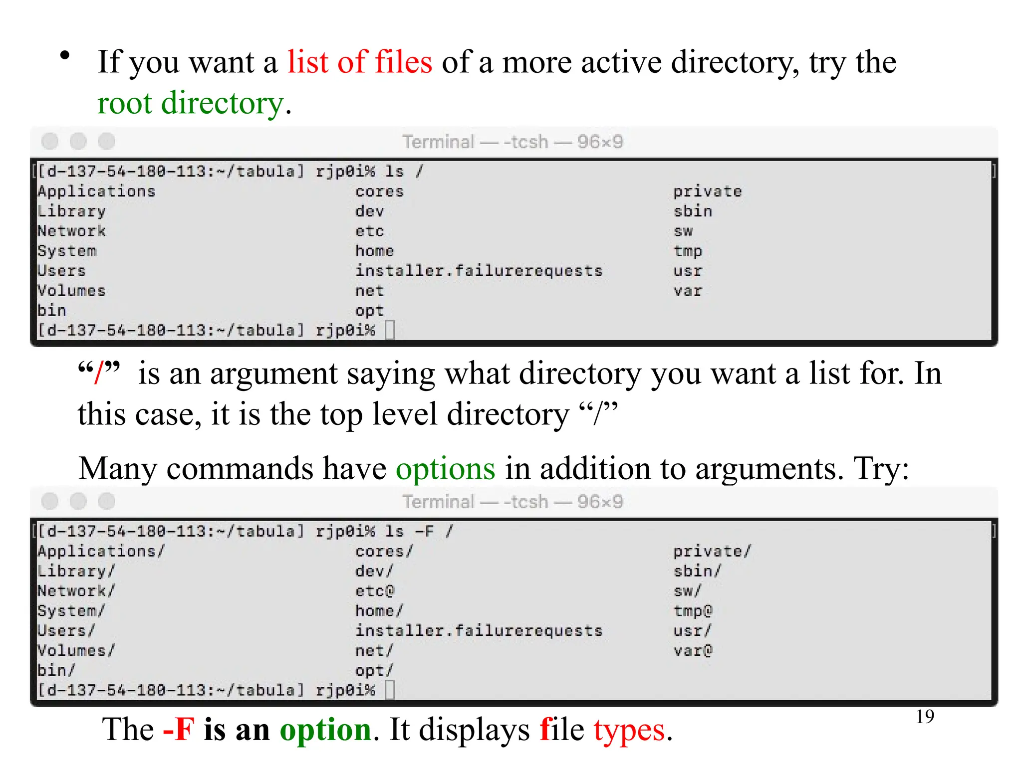 19
• If you want a list of files of a more active directory, try the
root directory.
“/” is an argument saying what directory you want a list for. In
this case, it is the top level directory “/”
Many commands have options in addition to arguments. Try:
The -F is an option. It displays file types.
 
