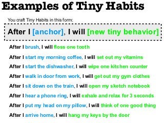 Examples of Tiny Habits
You craft Tiny Habits in this form:

After I [anchor], I will [new tiny behavior]
 After I brush, ...