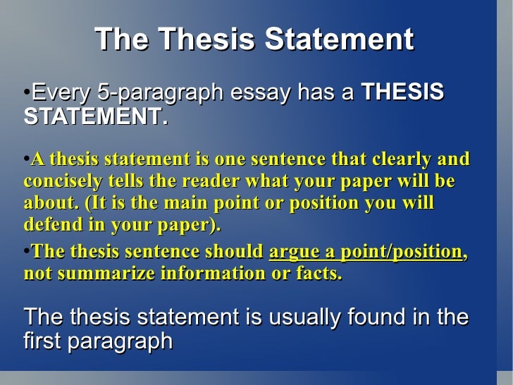 where is the thesis stated in a 5 paragraph essay