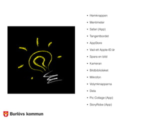 • Hemknappen
• Mentimeter
• Safari (App)
• Tangentbordet
• AppStore
• Vad ett Apple-ID är
• Spara en bild
• Kameran
• Bildbiblioteket
• Mikrofon
• Volymknapparna
• Dela
• Pic Collage (App)
• StoryRobe (App)
 