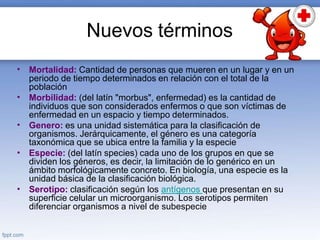 Nuevos términos
•
•
•
•
•
Mortalidad: Cantidad de personas que mueren en un lugar y en un
periodo de tiempo determinados en relación con el total de la
población
Morbilidad: (del latín "morbus", enfermedad) es la cantidad de
individuos que son considerados enfermos o que son víctimas de
enfermedad en un espacio y tiempo determinados.
Genero: es una unidad sistemática para la clasificación de
organismos. Jerárquicamente, el género es una categoría
taxonómica que se ubica entre la familia y la especie
Especie: (del latín species) cada uno de los grupos en que se
dividen los géneros, es decir, la limitación de lo genérico en un
ámbito morfológicamente concreto. En biología, una especie es la
unidad básica de la clasificación biológica.
Serotipo: clasificación según los antígenos que presentan en su
superficie celular un microorganismo. Los serotipos permiten
diferenciar organismos a nivel de subespecie
 