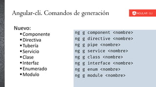 Angular-cli. Comandos de generación
ng g component <nombre>
ng g directive <nombre>
ng g pipe <nombre>
ng g service <nombre>
ng g class <nombre>
ng g interface <nombre>
ng g enum <nombre>
ng g module <nombre>
Nuevo:
Componente
Directiva
Tubería
Servicio
Clase
Interfaz
Enumerado
Modulo
 