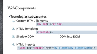 WebComponents
Tecnologías subyacentes
1. Custom HTML Elements
2. HTML Templates
3. Shadow DOM DOM into DOM
4. HTML Imports
<link rel="import" href="my-element/my-element.html">
<my-tag> </my-tag>
<template>…
 