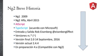 Ng2 Breve Historia
 Ng1 2009
 Ng2 Alfa, Abril 2015
 AtScript
 TypeScript (acuerdo con Microsoft)
 Entrada y Salida Rob Eisenberg @eisenbergEffect
 Versiones rc.* (~)
 Versión final 2.0 14 Septiembre, 2016
 Versión actual 2.4.4
 En preparación 4.x (Compatible con Ng2)
 
