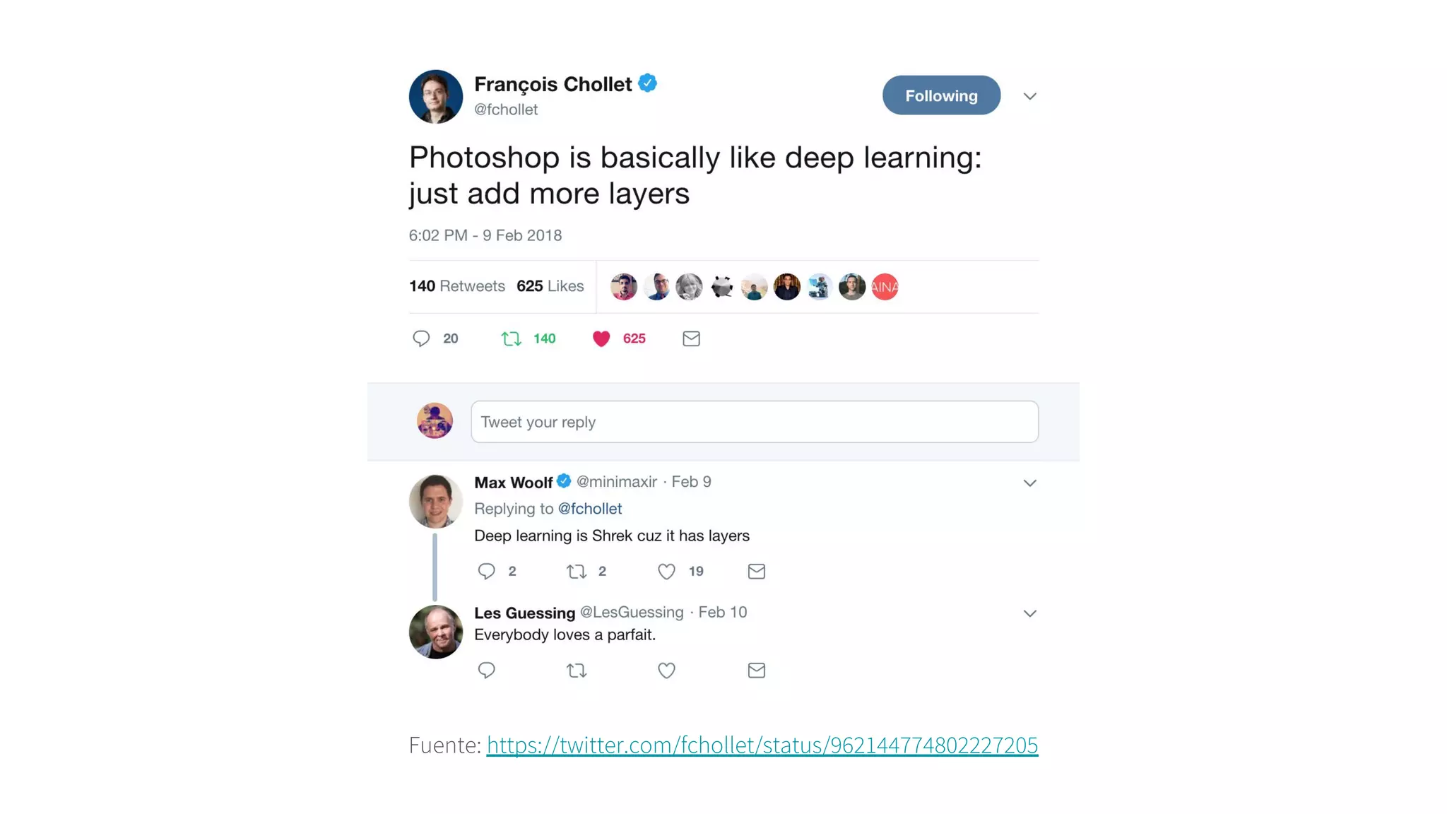 Fuente: https://twitter.com/fchollet/status/962144774802227205
 