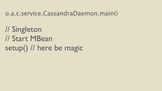 o.a.c.service.CassandraDaemon.main() 
! 
// Singleton 
// Start MBean 
setup() // here be magic 
 