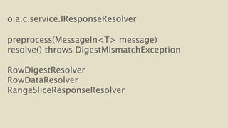 o.a.c.service.IResponseResolver 
! 
preprocess(MessageIn<T> message) 
resolve() throws DigestMismatchException 
! 
RowDigestResolver 
RowDataResolver 
RangeSliceResponseResolver 
 