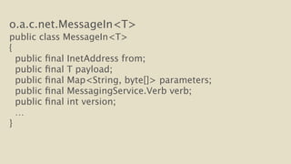 o.a.c.net.MessageIn<T> 
public class MessageIn<T> 
{ 
public final InetAddress from; 
public final T payload; 
public final Map<String, byte[]> parameters; 
public final MessagingService.Verb verb; 
public final int version; 
… 
} 
 