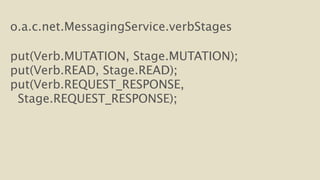 o.a.c.net.MessagingService.verbStages 
! 
put(Verb.MUTATION, Stage.MUTATION); 
put(Verb.READ, Stage.READ); 
put(Verb.REQUEST_RESPONSE, 
Stage.REQUEST_RESPONSE); 
 