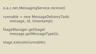 o.a.c.net.MessagingService.receive() 
! 
runnable = new MessageDeliveryTask( 
message, id, timestamp); 
! 
StageManager.getStage( 
message.getMessageType()); 
! 
stage.execute(runnable); 
 