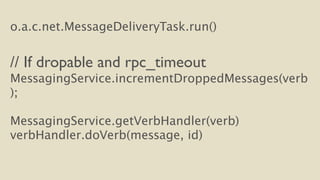 o.a.c.net.MessageDeliveryTask.run() 
! 
// If dropable and rpc_timeout 
MessagingService.incrementDroppedMessages(verb 
); 
! 
MessagingService.getVerbHandler(verb) 
verbHandler.doVerb(message, id) 
 
