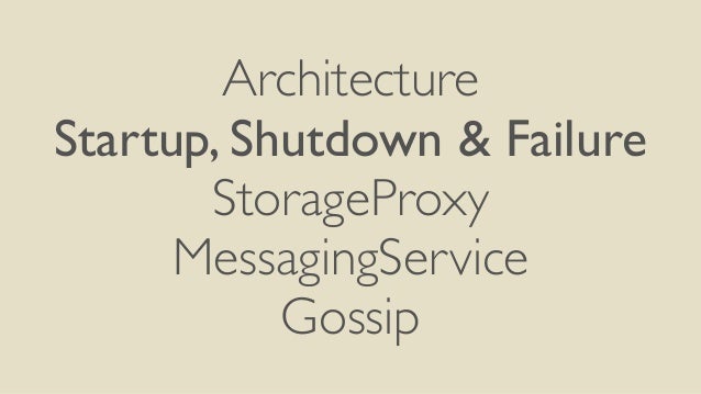 Architecture
Startup, Shutdown & Failure
StorageProxy
MessagingService
Gossip