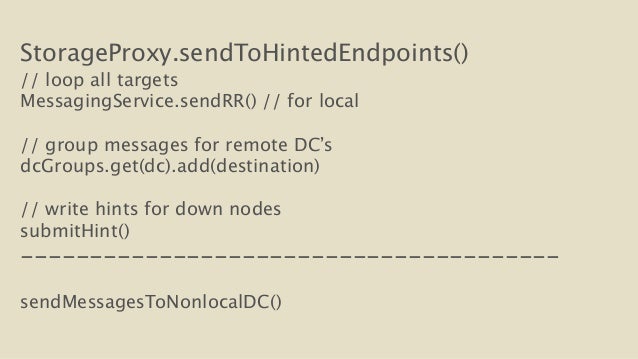 StorageProxy.sendToHintedEndpoints()
// loop all targets
MessagingService.sendRR() // for local
!
// group messages fo...