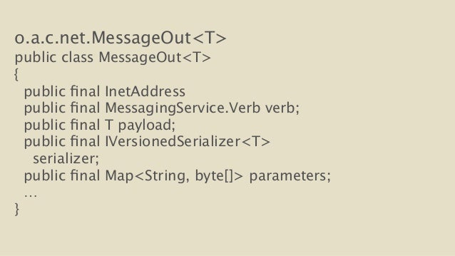 o.a.c.net.MessageOut<T>
public class MessageOut<T>
{
public final InetAddress
public final MessagingService.Verb verb;...