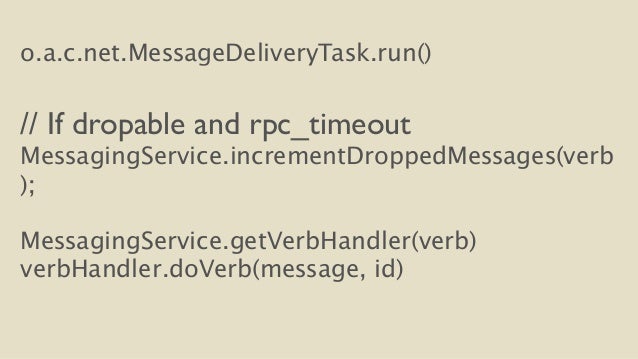 o.a.c.net.MessageDeliveryTask.run()
!
// If dropable and rpc_timeout
MessagingService.incrementDroppedMessages(verb
);...