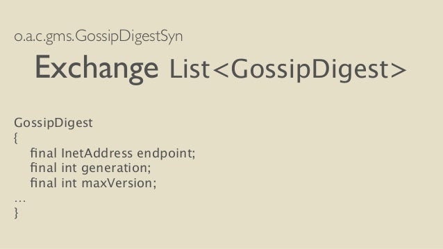 o.a.c.gms.GossipDigestSyn
Exchange List<GossipDigest>
!
GossipDigest
{
final InetAddress endpoint;
final int generat...