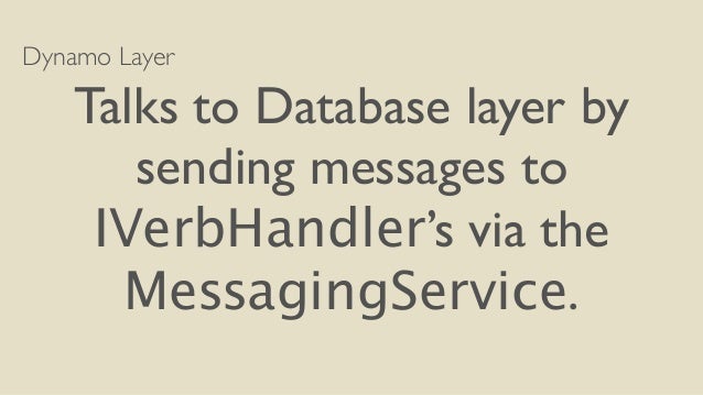 Dynamo Layer
Talks to Database layer by
sending messages to
IVerbHandler’s via the
MessagingService.