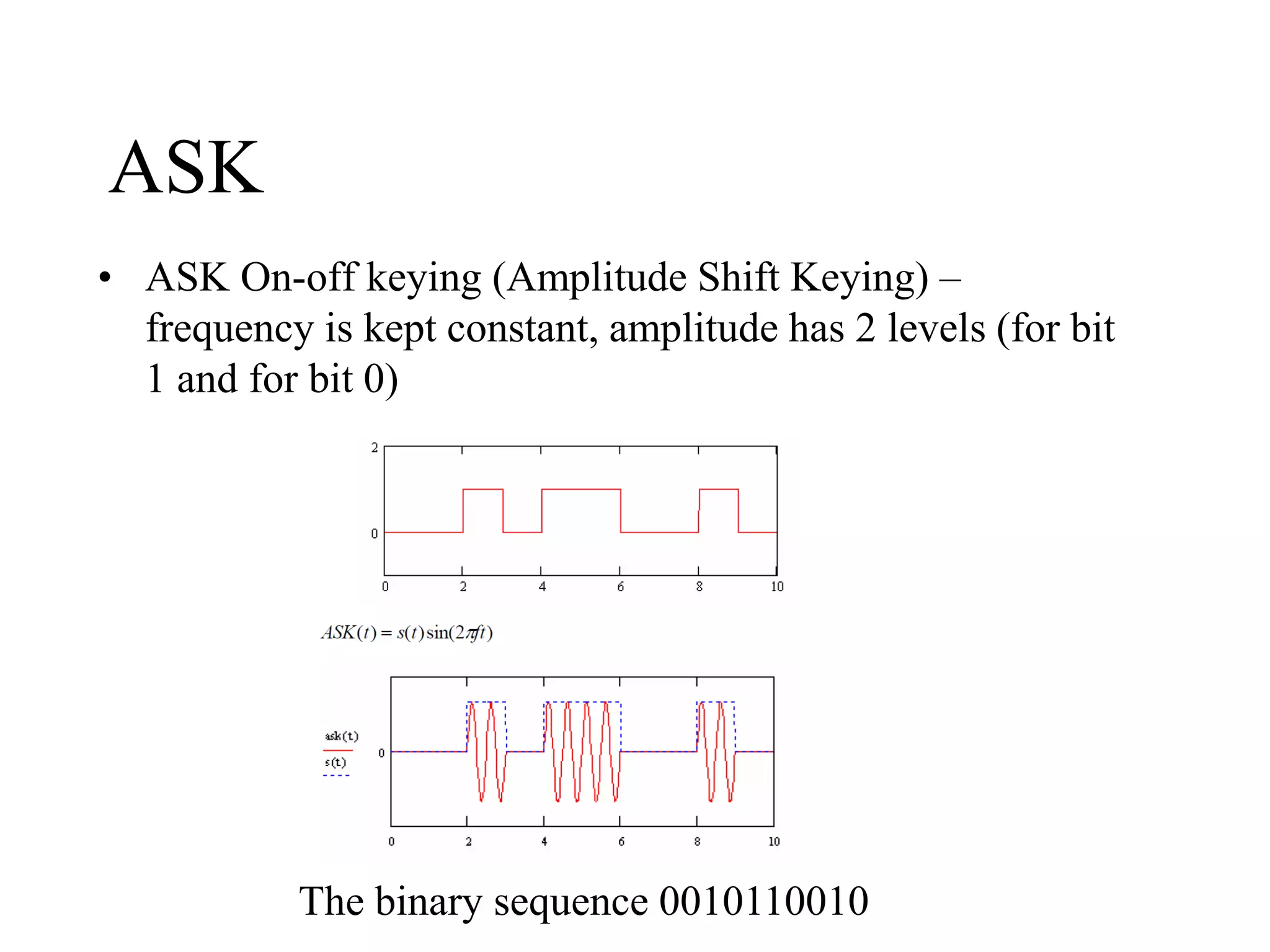 ASK
• ASK On-off keying (Amplitude Shift Keying) –
frequency is kept constant, amplitude has 2 levels (for bit
1 and for bit 0)
The binary sequence 0010110010
