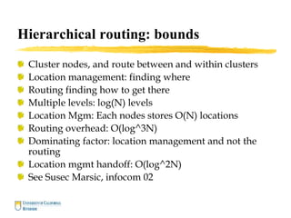 Hierarchical routing: bounds
Cluster nodes, and route between and within clusters
Location management: finding where
Routing finding how to get there
Multiple levels: log(N) levels
Location Mgm: Each nodes stores O(N) locations
Routing overhead: O(log^3N)
Dominating factor: location management and not the
routing
Location mgmt handoff: O(log^2N)
See Susec Marsic, infocom 02
 