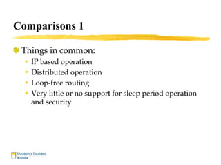 Comparisons 1
Things in common:
• IP based operation
• Distributed operation
• Loop-free routing
• Very little or no support for sleep period operation
and security
 