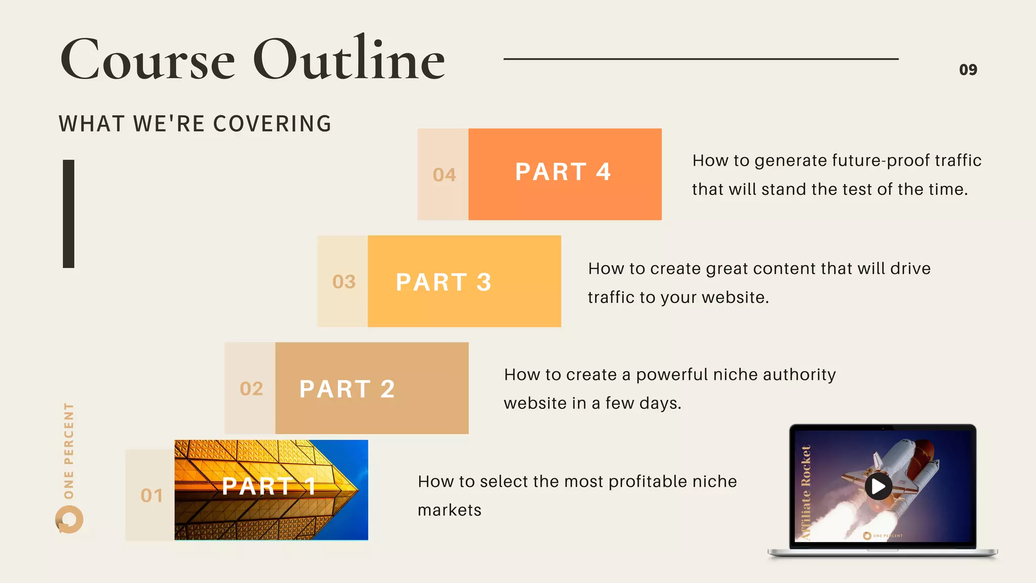 ONEPERCENTCourse Outline
WHAT WE'RE COVERING
The Brief
09
01
02
03
04
PART 2
How to generate future-proof traffic
that will stand the test of the time.
How to create great content that will drive
traffic to your website.
PART 1
PART 3
PART 4
How to select the most profitable niche
markets
How to create a powerful niche authority
website in a few days.
 
