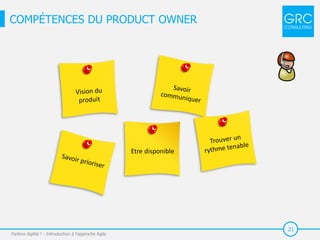 21
COMPÉTENCES DU PRODUCT OWNER
Parlons Agilité ! - Introduction à l'approche Agile
Etre disponible
 