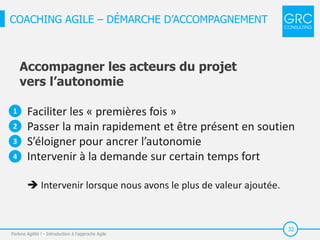 32
COACHING AGILE – DÉMARCHE D’ACCOMPAGNEMENT
Parlons Agilité ! - Introduction à l'approche Agile
Accompagner les acteurs du projet
vers l’autonomie
Faciliter les « premières fois »
Passer la main rapidement et être présent en soutien
S’éloigner pour ancrer l’autonomie
Intervenir à la demande sur certain temps fort
 Intervenir lorsque nous avons le plus de valeur ajoutée.
1
2
3
4
 