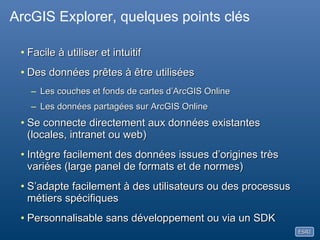 ArcGIS Explorer, quelques points clésFacile à utiliser et intuitifDes données prêtes à être utilisées Les couches et fonds de cartes d’ArcGIS Online Les données partagées sur ArcGIS OnlineSe connecte directement aux données existantes (locales, intranet ou web)Intègre facilement des données issues d’origines très variées (large panel de formats et de normes)S’adapte facilement à des utilisateurs ou des processus métiers spécifiquesPersonnalisable sans développement ou via un SDK
