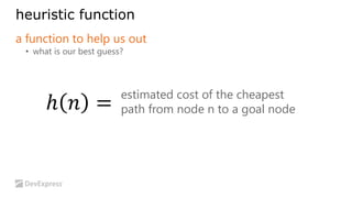 heuristic function 
a function to help us out 
• what is our best guess? 
ℎ 푛 = estimated cost of the cheapest 
path from node n to a goal node 
 