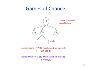 163
Games of Chance
c
d1
di dk
S(c,di)
chance node with
max children
expectimax(c) = ∑P(di) max(backed-up-value(s))
i s in S(c,di)
expectimin(c’) = ∑P(di) min(backed-up-value(s))
i s in S(c,di)
 