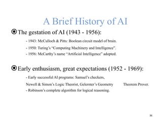 A Brief History of AI
The gestation of AI (1943 - 1956):
- 1943: McCulloch & Pitts: Boolean circuit model of brain.
- 1950: Turing’s “Computing Machinery and Intelligence”.
- 1956: McCarthy’s name “Artificial Intelligence” adopted.
Early enthusiasm, great expectations (1952 - 1969):
- Early successful AI programs: Samuel’s checkers,
Newell & Simon’s Logic Theorist, Gelernter’s Geometry Theorem Prover.
- Robinson’s complete algorithm for logical reasoning.
36
 