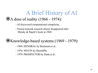 A Brief History of AI
A dose of reality (1966 - 1974):
- AI discovered computational complexity.
- Neural network research almost disappeared after
Minsky & Papert’s book in 1969.
Knowledge-based systems (1969 - 1979):
- 1969: DENDRAL by Buchanan et al..
- 1976: MYCIN by Shortliffle.
- 1979: PROSPECTOR by Duda et al..
37
 