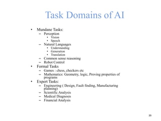 Task Domains of AI
• Mundane Tasks:
– Perception
• Vision
• Speech
– Natural Languages
• Understanding
• Generation
• Translation
– Common sense reasoning
– Robot Control
• Formal Tasks
– Games : chess, checkers etc
– Mathematics: Geometry, logic, Proving properties of
programs
• Expert Tasks:
– Engineering ( Design, Fault finding, Manufacturing
planning)
– Scientific Analysis
– Medical Diagnosis
– Financial Analysis
39
 