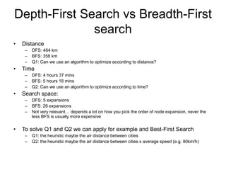 Depth-First Search vs Breadth-First
search
• Distance
– DFS: 464 km
– BFS: 358 km
– Q1: Can we use an algorithm to optimize according to distance?
• Time
– DFS: 4 hours 37 mins
– BFS: 5 hours 18 mins
– Q2: Can we use an algorithm to optimize according to time?
• Search space:
– DFS: 5 expansions
– BFS: 26 expansions
– Not very relevant… depends a lot on how you pick the order of node expansion, never the
less BFS is usually more expensive
• To solve Q1 and Q2 we can apply for example and Best-First Search
– Q1: the heuristic maybe the air distance between cities
– Q2: the heuristic maybe the air distance between cities x average speed (e.g. 90km/h)
 