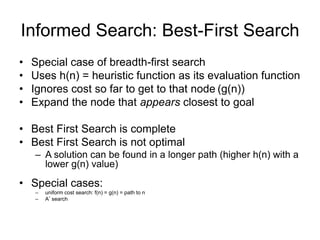 Informed Search: Best-First Search
• Special case of breadth-first search
• Uses h(n) = heuristic function as its evaluati...