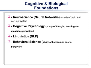 Cognitive & Biological
Foundations
 - Neuroscience (Neural Networks) - study of brain and
nervous system
 - Cognitive Psychology (study of thought, learning and
mental organization)
 - Linguistics (NLP)
 - Behavioral Science (study of human and animal
behavior)
 