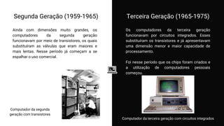 Os computadores da terceira geração
funcionavam por circuitos integrados. Esses
substituíram os transistores e já apresentavam
uma dimensão menor e maior capacidade de
processamento.
Foi nesse período que os chips foram criados e
a utilização de computadores pessoais
começou.
Segunda Geração (1959-1965) Terceira Geração (1965-1975)
Ainda com dimensões muito grandes, os
computadores da segunda geração
funcionavam por meio de transistores, os quais
substituíram as válvulas que eram maiores e
mais lentas. Nesse período já começam a se
espalhar o uso comercial.
Computador da segunda
geração com transistores
Computador da terceira geração com circuitos integrados
 