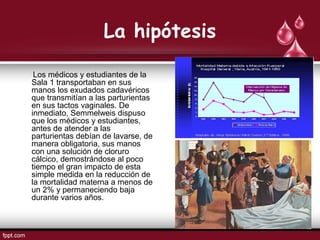 La hipótesis
Los médicos y estudiantes de la
Sala 1 transportaban en sus
manos los exudados cadavéricos
que transmitían a las parturientas
en sus tactos vaginales. De
inmediato, Semmelweis dispuso
que los médicos y estudiantes,
antes de atender a las
parturientas debían de lavarse, de
manera obligatoria, sus manos
con una solución de cloruro
cálcico, demostrándose al poco
tiempo el gran impacto de esta
simple medida en la reducción de
la mortalidad materna a menos de
un 2% y permaneciendo baja
durante varios años.
 