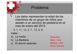 Problema

•   Los datos representan la edad de los
    miembros de un grupo de niños que
    asisten a un servicio de pediatría en el
    mes de enero del 2013.
  4, 1, 11, 13, 2, 7 , 12, 5, 8,
Hallar :
a) La media                        Respuestas:
b) La Mediana                      Media: 7 años

c) El desvío estándar              Mediana: 7 años
                                   Desvío: 4,36 años
 