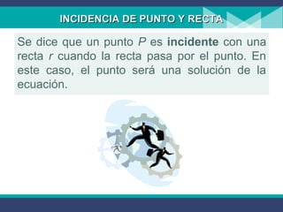 INCIDENCIA DE PUNTO Y RECTAINCIDENCIA DE PUNTO Y RECTA
Se dice que un punto P es incidente con una
recta r cuando la recta pasa por el punto. En
este caso, el punto será una solución de la
ecuación.
 